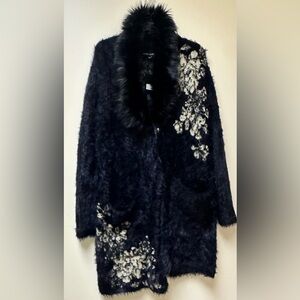 NWT; Black Rivet Faux Fur Cardigan Coat with Floral Design🌻